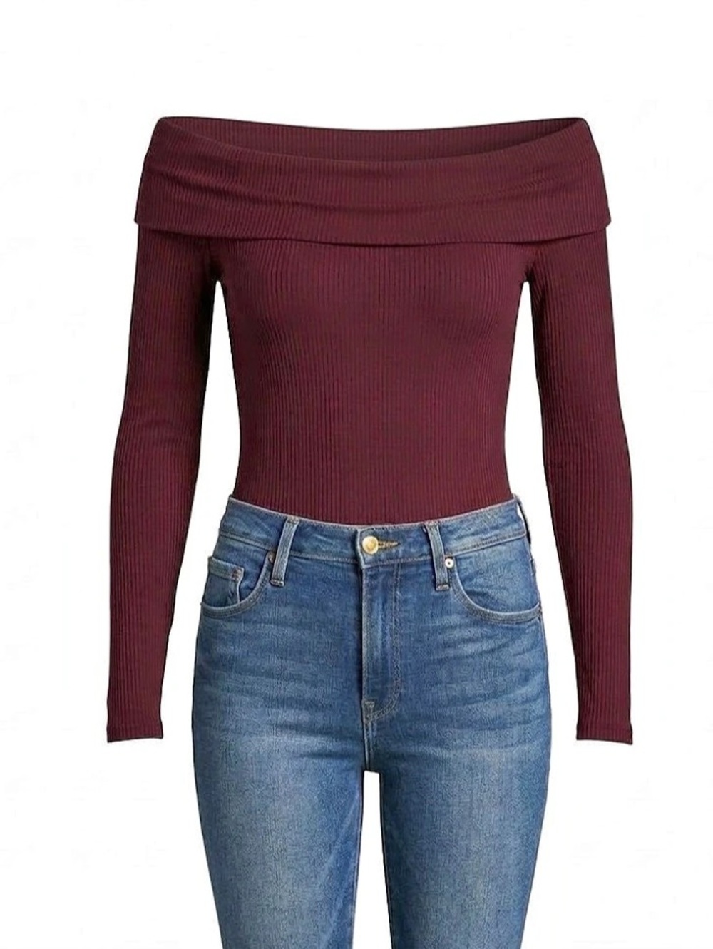 AFRM AERO0349 Off-Shoulder Ribbed Bodysuit in Burgundy Size Medium Like New